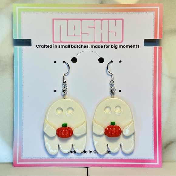 NASHY Jewelry - White Ghost Holding a Pumpkin - Handmade Earrings